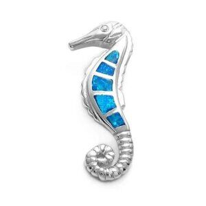 PRETTY STERLING SILVER CREATED OPAL SEA HORSE SLIDE PENDANT